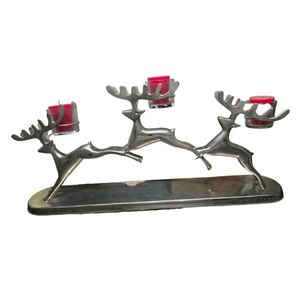 Three Leaping Reindeer and Glass Votive Candle Holder New In Box